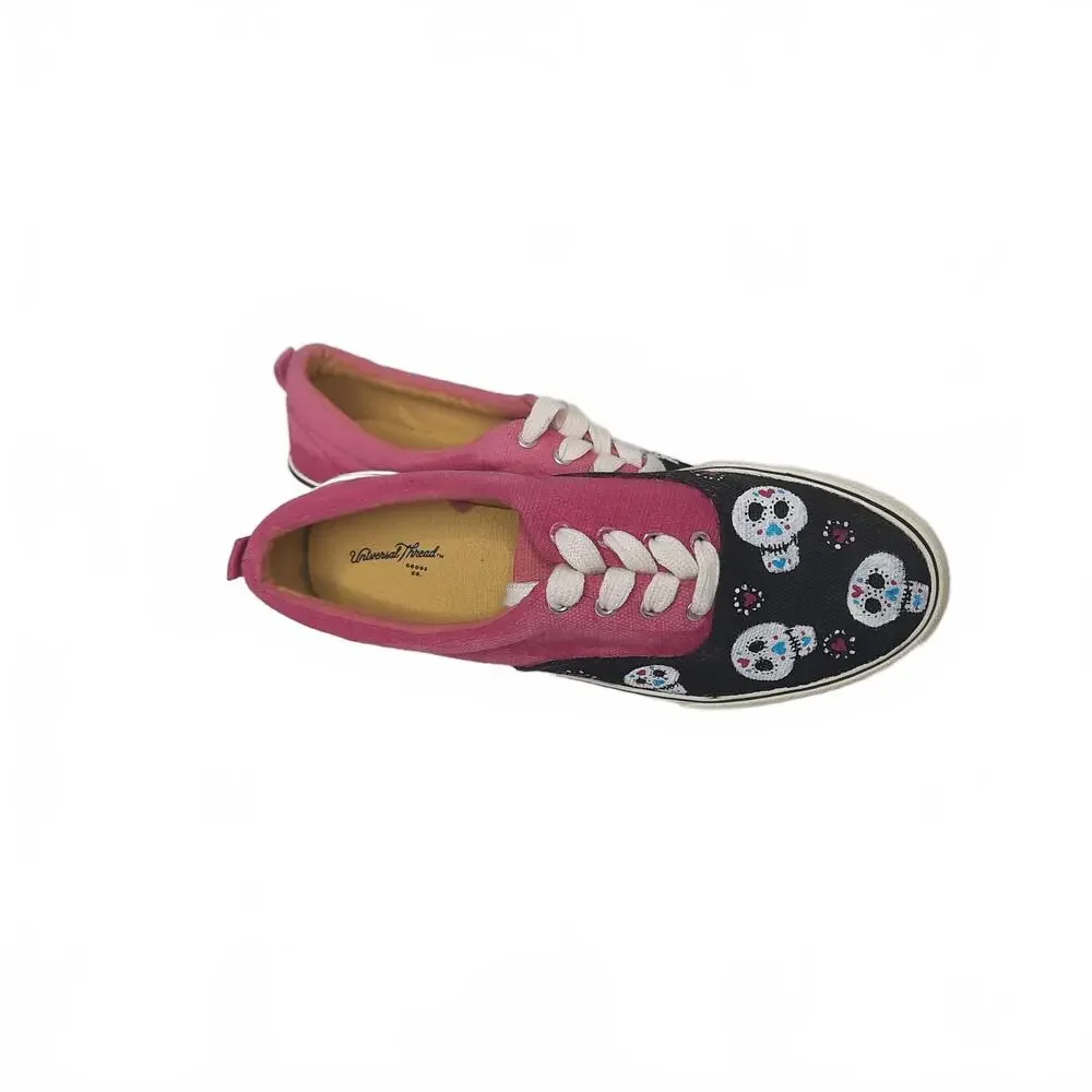 Sugar Skull‎ Pink and Black Canvas Sneakers Size 6